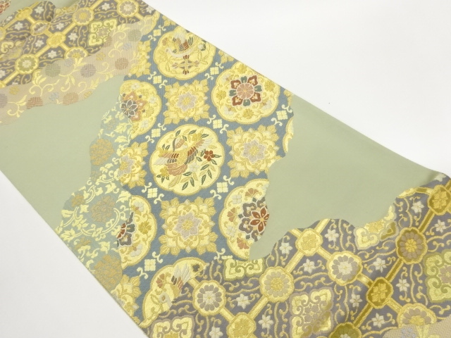 JAPANESE KIMONO / FUKURO OBI / SILK / WOVEN MICHINAGADORI & FLORAL CREST & FLOWERS & BIRDS & FLORAL ARABEQUE